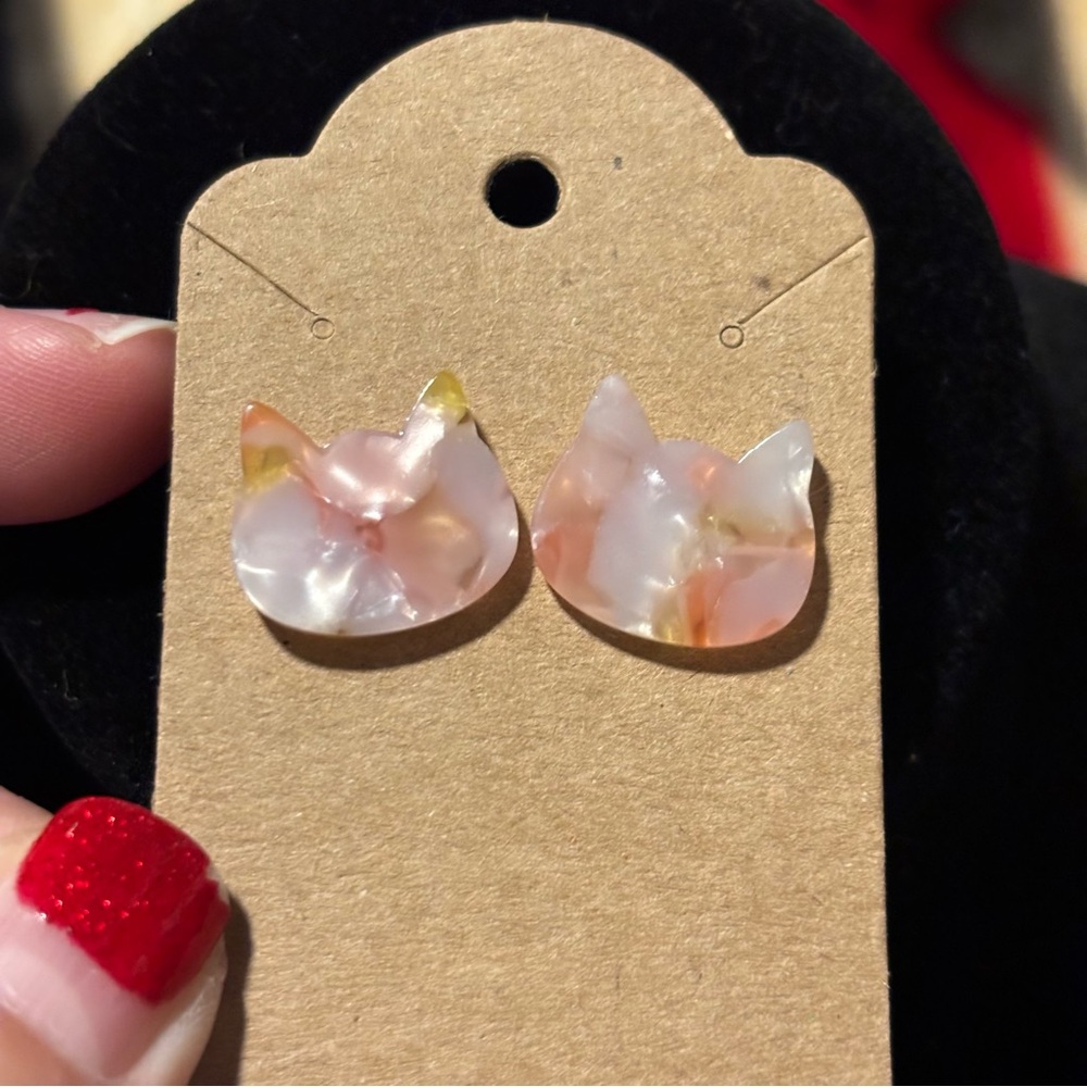 Simplified Cat Face Shape Pink/White Color - Resin Stud Earrings, Cat Mom Gift